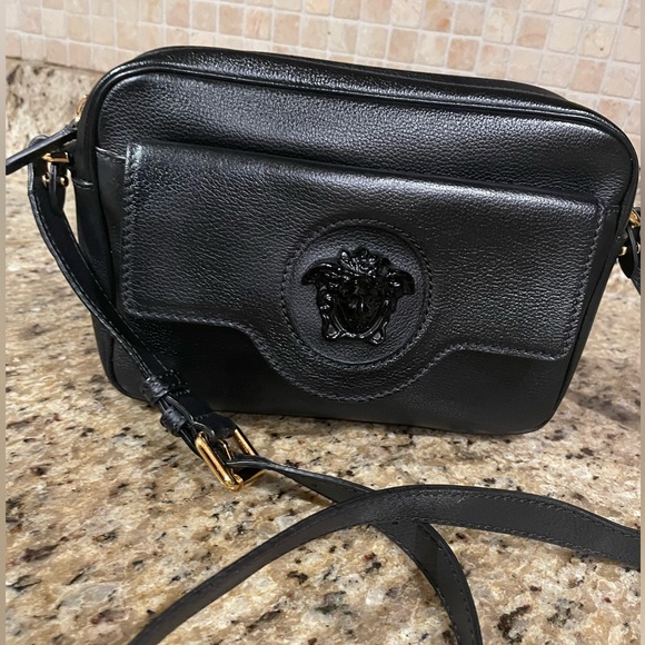 Versace Handbags - $1,275 VERSACE Black Grained Calf Leather LA MEDUSA LOGO Crossbody Camera BAG